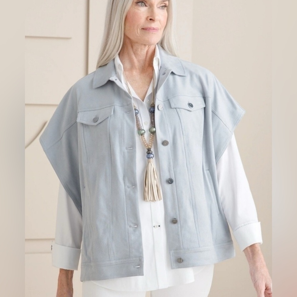 Chicos Oversized Ruana Trucker Cape Vest Shacket Grey Gray Polyester Women’s S/M